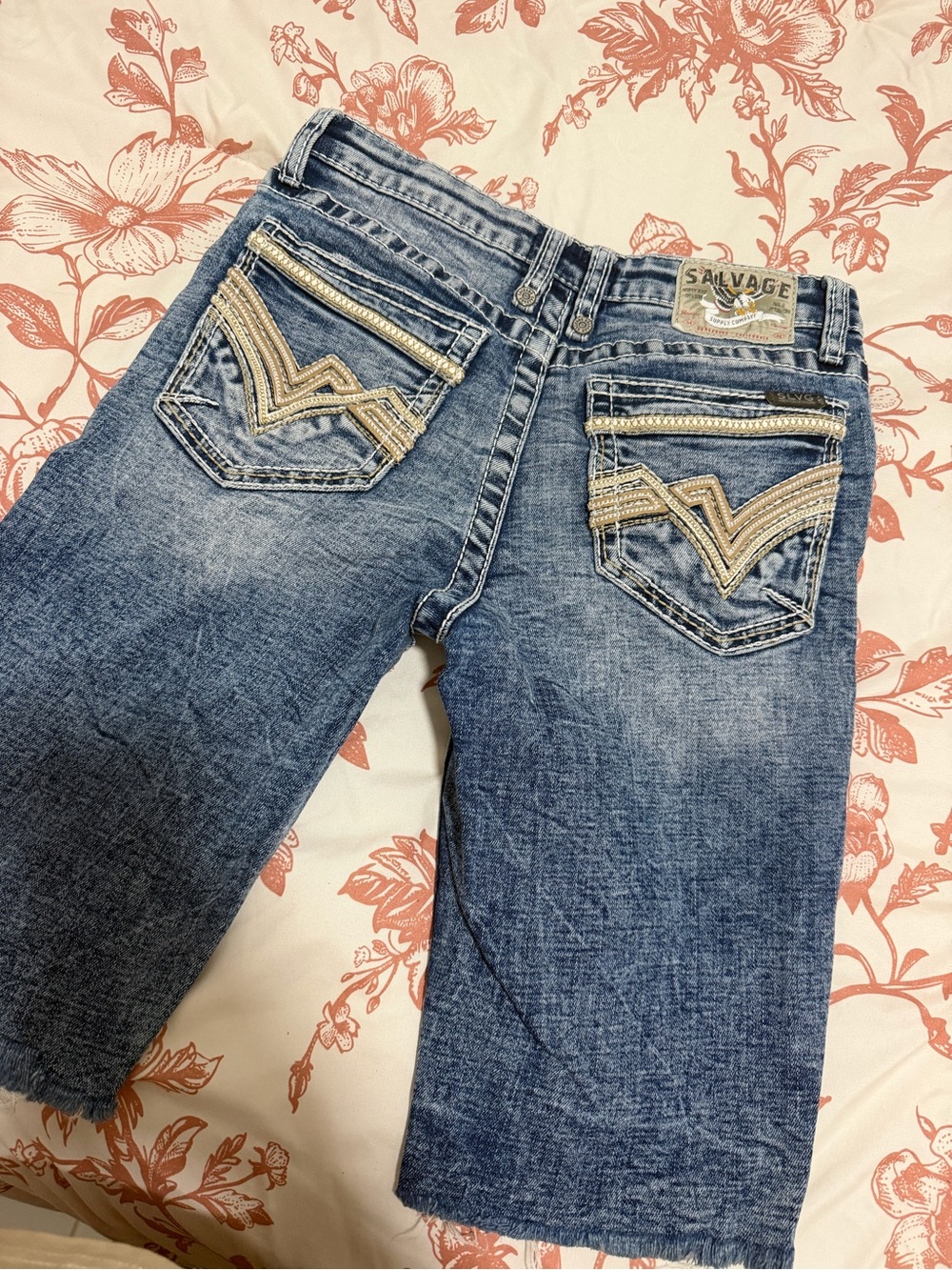 Salvage Blue Denim Embellished Back Pocket Shorts